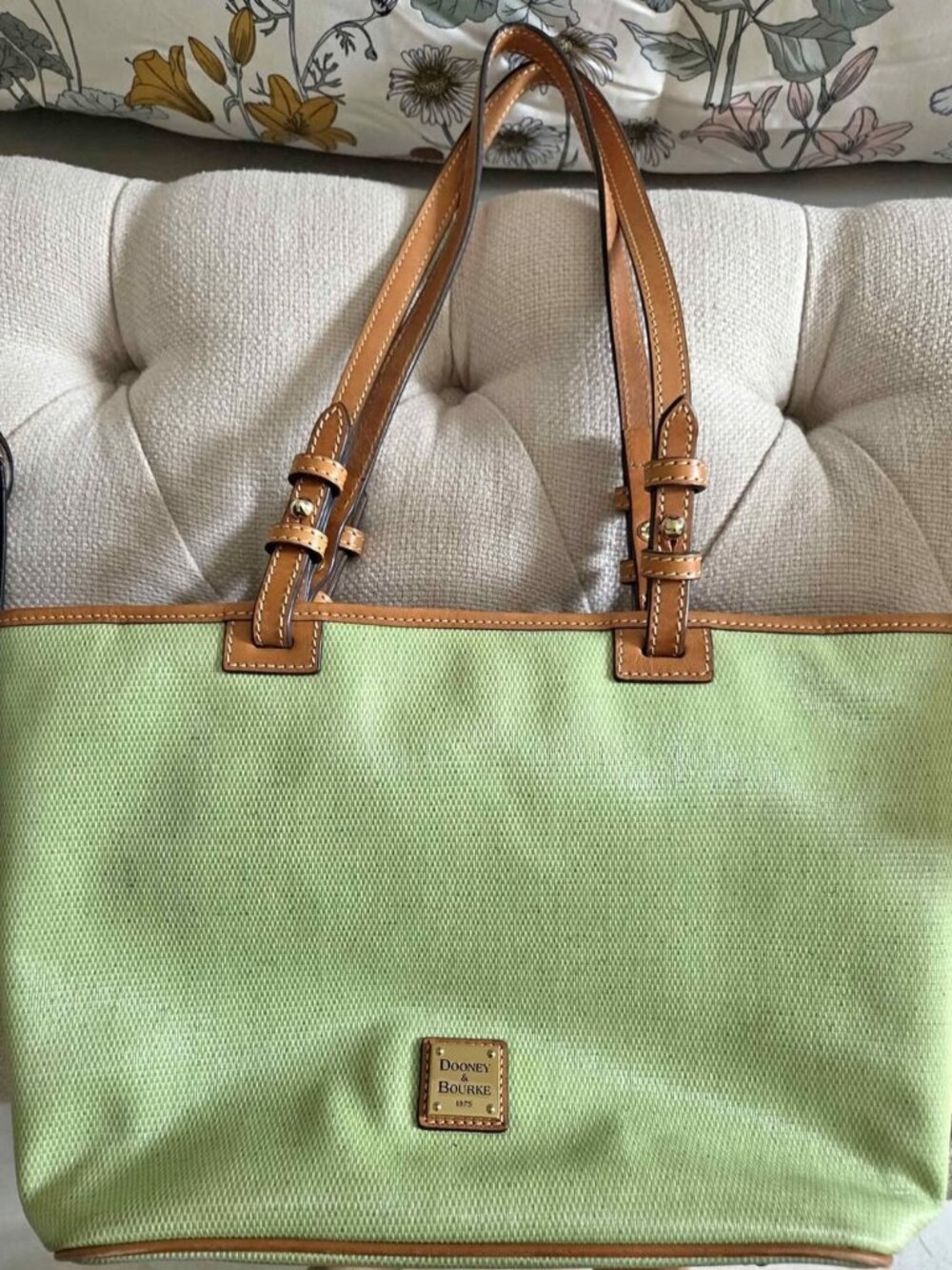 Dooney & Bourke Leisure Shopper Green Lime Bag Coated Cotton Leather Trim Tote